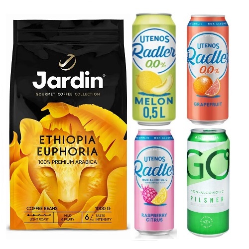 Зерновой кофе и 4 безалкогольных пива